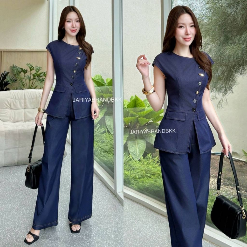 (S-XL) JARIYA ✅️พร้อมส่งชุดเซ็ท2ขิ้นเสื้อยืนแขนสั้นมีกระดุมด้านหน้า+มาพร้อมกางเกงขายาวทรงสวยดูดี