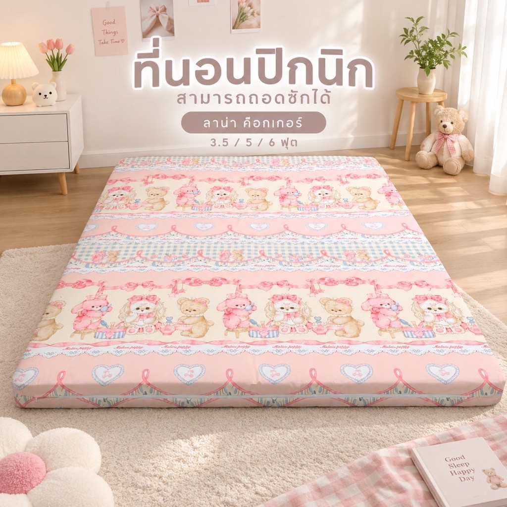 ที่นอนปิกนิก ความหนา4นิ้ว ใยอัดแน่นเคลือบทั้ง2ฝั่งนอนหลังไม่ติดพื้น ถอดปลอกซักได้ 3.5F 5F 6F
