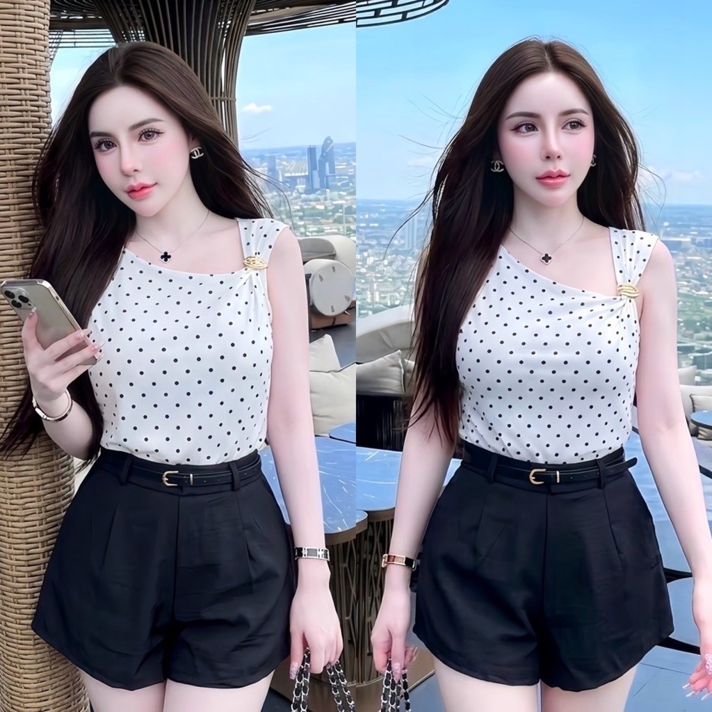 ชุดเซ็ท 3 ชิ้น เสื้อแขนกุดแต่งไหล่จีบ+กางเกงขาสั้น+เข็มขัด
