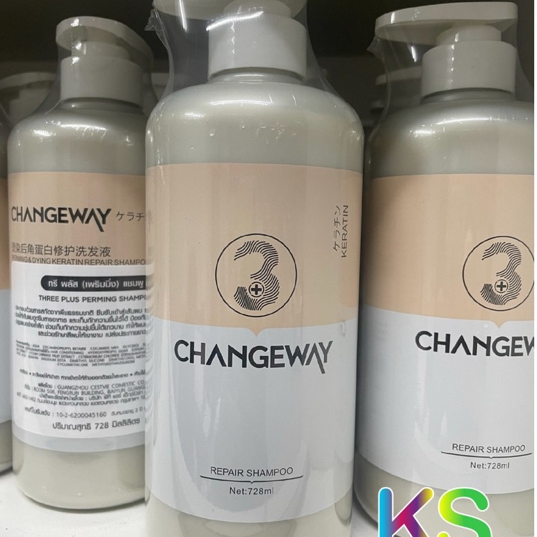 แชมพูเคราติน 3+ แชมพู 3+ Changeway Perming Shampoo ช่วยบำรุง และซ่อมแซม ให้ผมทำสี สวย มีน้ำหนัก 728 