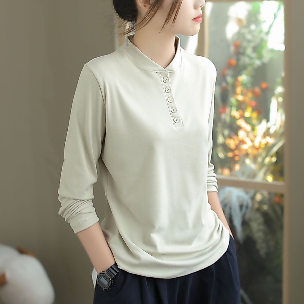 CP Double-Sided German Velvet Stand-Up Collar Bottoming เสื้อแขนยาวเสื้อยืดผู้หญิงสไตล์ใหม่