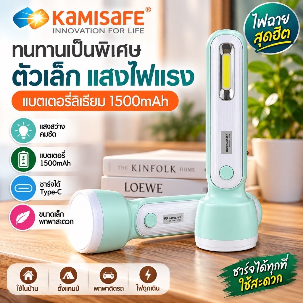 ไฟฉาย LED 2in1ชาร์จไฟUSB แรงสูง ส่องไกล มัลติฟังก์ชั่น KAMISAFE แบบพกพาสะดวก ใช้กลางแจ้ง KM-8916A พร้อมไฟข้าง ไฟฉุกเฉิน