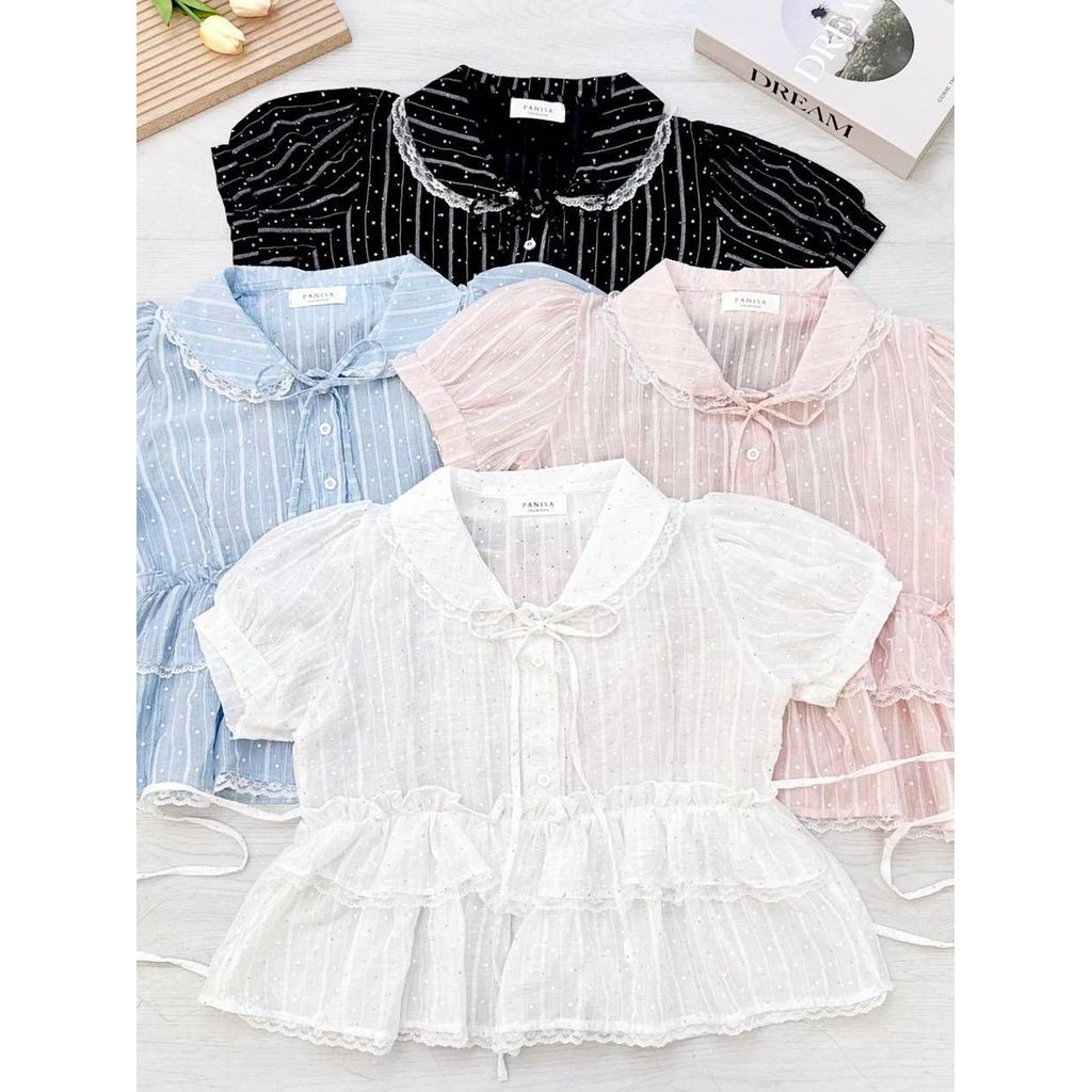 maymuse เสื้อคอปกขอบลูกไม้ผูกโบว์แต่งชายระบายมีเชือกผูกหลัง อก40