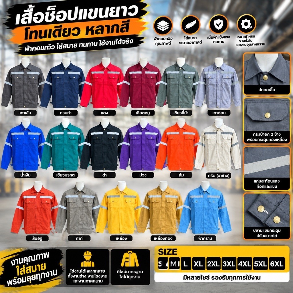 (พร้อมส่ง) เสื้อช็อปโทนเดียวมีแถบสะท้อนแสง ใส่สบายไม่อึดอัดแน่นอน (5XL-6XL)