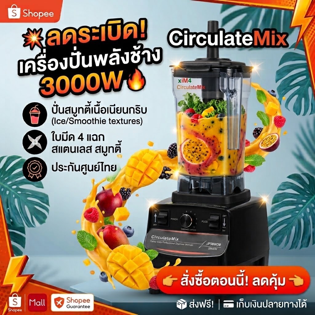 เครื่องปั่นJP30WCMครบชุดพร้อมปั่น(ฐานล็อคใบมีดเกลียวทองเหลือง) เครื่องปั่นสมูทตี้ พลังสูงCirculateMix พร้อมส่ง
