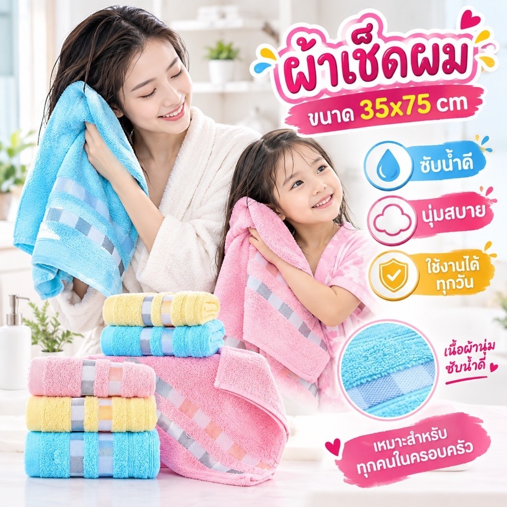 ผ้าเช็ดผม ผ้าเช็ดหน้า ขนาด35x75cm ลายหรูหรา(แพ็ค1/3ผืน) เนื้อผ้าcotton100% ผ้าพรีเมี่ยม เน้นการซับ