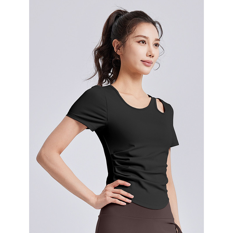 mvp sport เสื้อออกกำลังกายผู้หญิง สีพื้น คอกลม แขนสั้น คัพในตัวพร้อมฟองน้ำเสริมบรา เสื้อโยคะ เอวกระชับดีไซน์จับจีบ