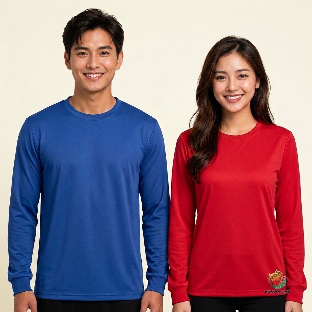เสื้อคอกลมแขนยาวผ้าโพลีเอสเตอร์ สีพื้น 9 สี ปลายแขนจั๊ม ไซส์ S-3XL