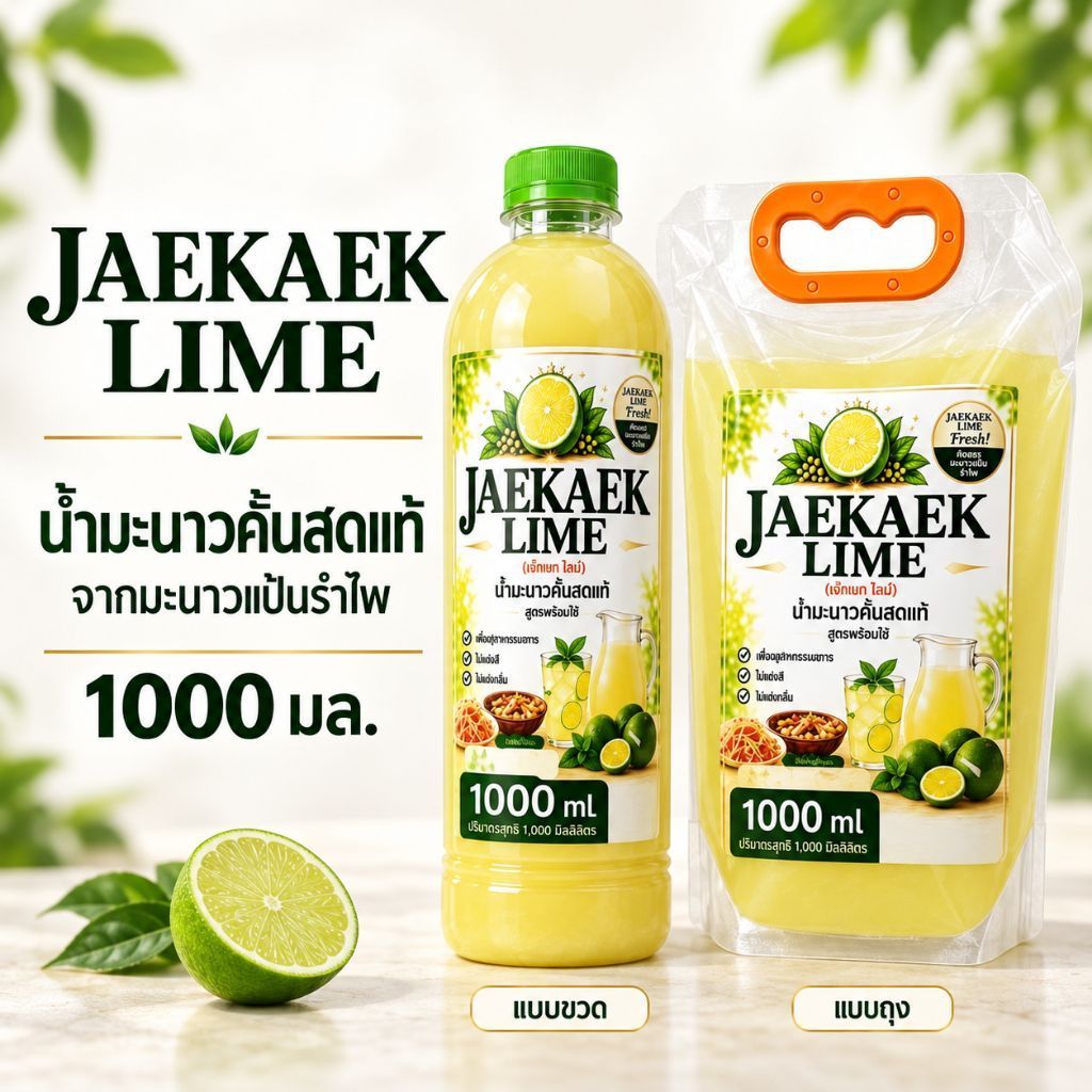 เจ๊แขกไลม์ น้ำมะนาวคั้นแท้ จากมะนาวแป้นรำไพ ขนาด 1000ml บรรจุถุงฝาเกลียว​