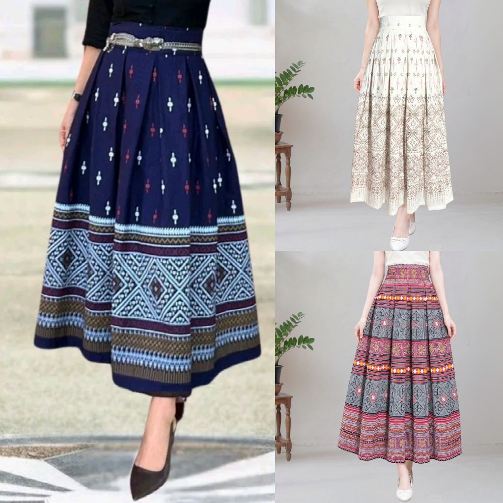 กระโปรงผ้าไทยจีบทวิส เอวสูง ทรงสุภาพ ใส่ทำงาน ผ้าฝ้ายพิมพ์ลาย ใส่สบาย ไม่อัดกาว