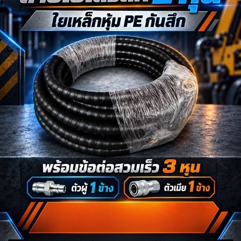 สายไฮโดรลิค2ชั้นหุ้มพลาสติกอีก1ชั้นขนาด2หุนพร้อมข้อต่อสวมเร็วขนาด3หุน