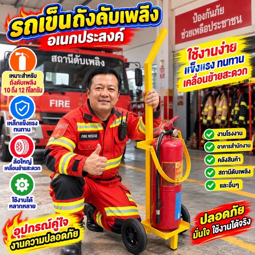 รถเข็นถังดับเพลิงขนาด 10 ถึง 12 กิโล พร้อมล้อยางตันขนาด 6 นิ้ว เข็นง่ายเคลื่อนย้ายสะดวก