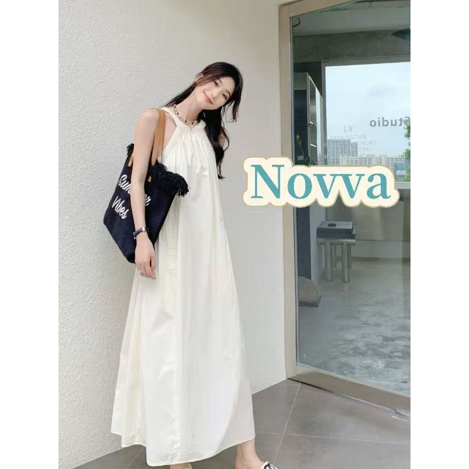 ส่งไวจากไทย🍒ผ้าใส่สบาย เดรสทรงหลวม เดรสคอกลม เนื้อ ชุดเดรสยาว ชุดเที่ยวทะเล Novva
