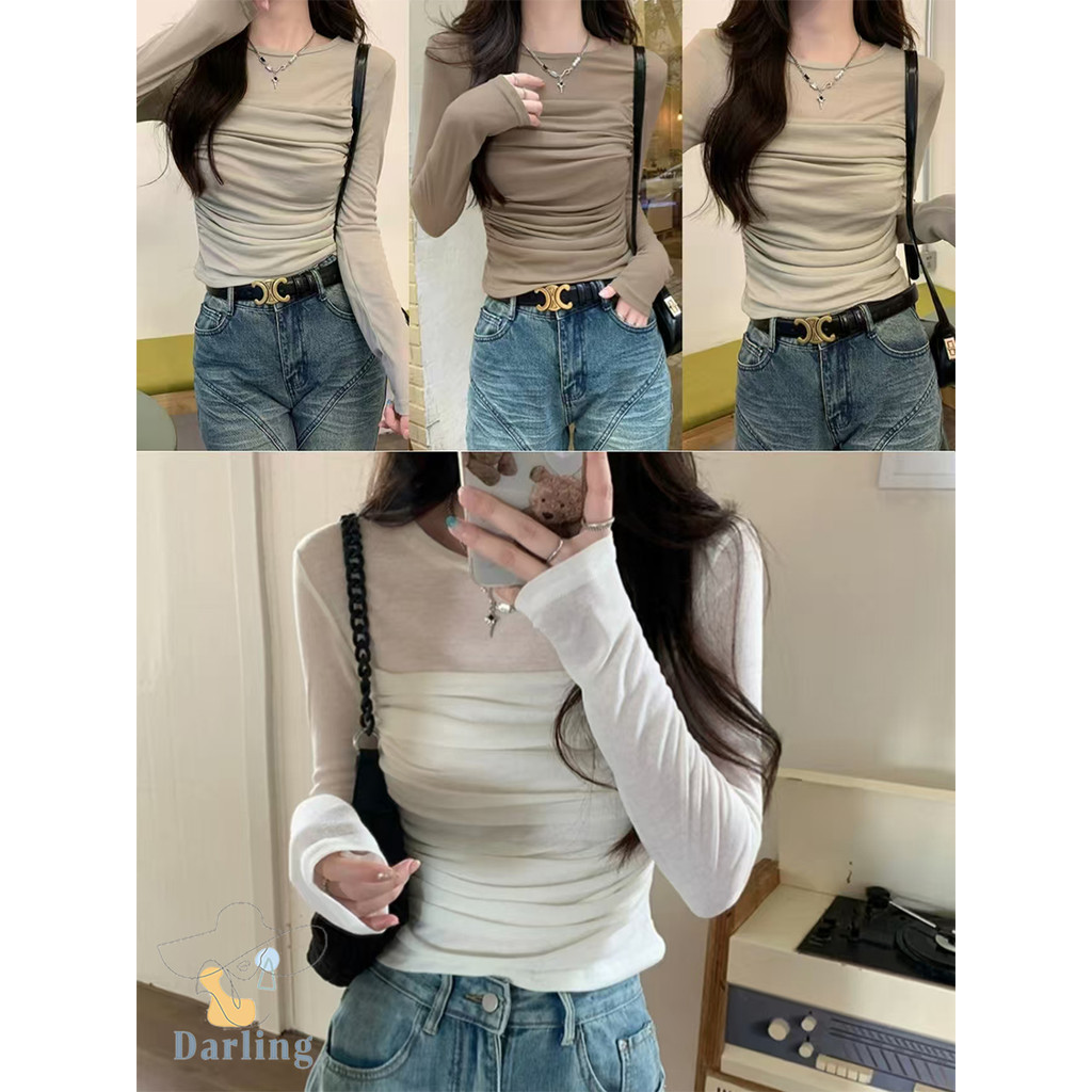 เสื้อยืดแขนยาว ดีไซน์พิเศษ ผ้าตาข่าย จับจีบหน้าอก
