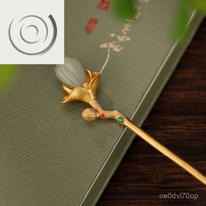 วันเดียร์ซิลเวอร์ S925ปิ่นปักผมหญิง เงินแท้ ชุบทอง หยกธรรมชาติ เฮเทียน แมกโนเลีย สไตล์ย้อนยุค บุคลิก