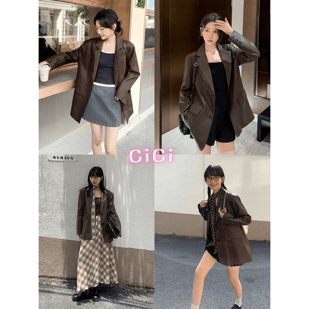 ส่งทันทีCici(NO. 5132)เสื้อเบลเซอร์หนังโอเวอร์ไซส์ สีน้ำตาลเข้ม เสริมฟองน้ำบ่ามีซับในทั้งตั้ว กระเป๋าใช้ได้จริง