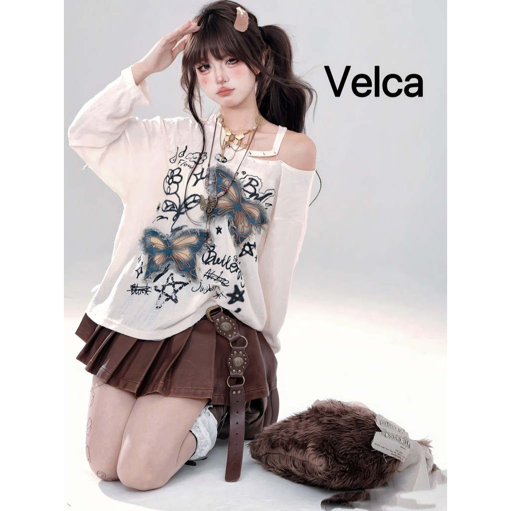 Velca พร้อมส่ง🌟เสื้อยืดผู้หญิง แขนยาวเปิดไหล่ สไตล์ฤดูใบไม้ผลิและฤดูใบไม้ร่วง ใส่สบาย ชิคและเก๋ เสื้อยืดแขนยาว