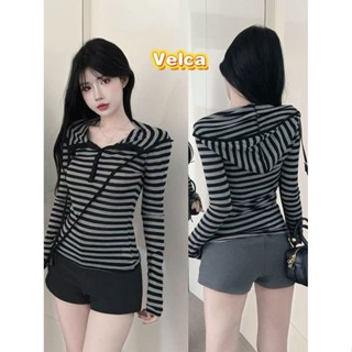 ส่งไวจากไทย เกาหลีลายตัดกันวินเทจแขนยาวเสื้อยืดผู้หญิงบางเก๋…