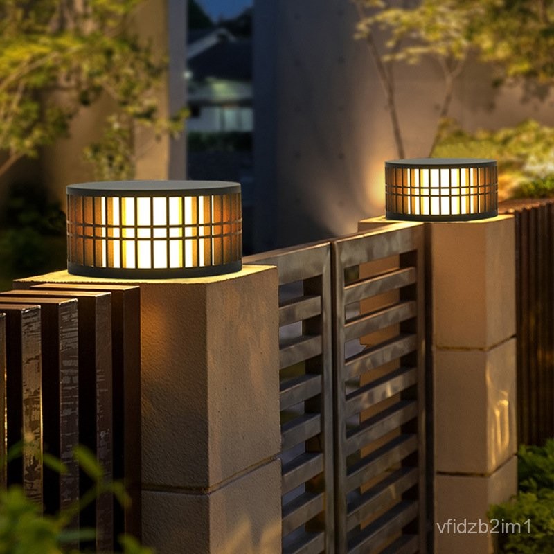 Solar Pillar Head Light Wall Light New Chinese Style Garden Light Outdoor Pillar Light Round Door Pi