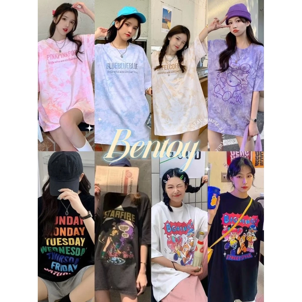 Bentoy*พร้อมส่ง*เสื้อยืดโอเว่อไซส์แขนสั้นมัดย้อมลายการตูนน่ารักมากๆZRT