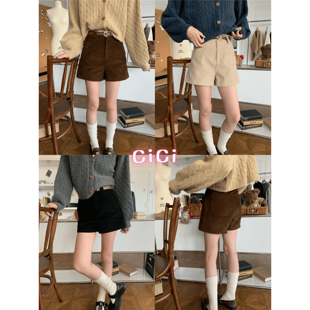 ส่งทันที Cici(NO. 2539)กางเกงขาสั้นลูกฟูกมีกระเป๋าด้านหน้าด้านหลังสามารถใช้งานได้จริงพร้อมเข็มขัดหนัง เหมาะสำหรับทุกลุค