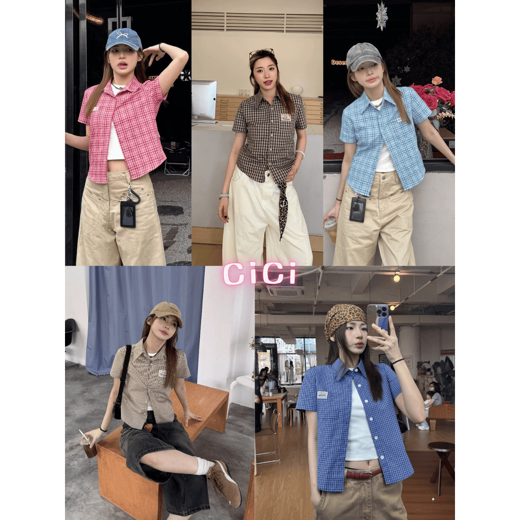 ส่งทันที Cici(NO. 3398)เสื้อคอปกแขนสั้นลายสต๊อต กระเป๋าใช้งานได้จริงพร้อมปักโลโก้วินเทจ เหมาะสำหรับสาววินเทจแต่งตัวยุค90