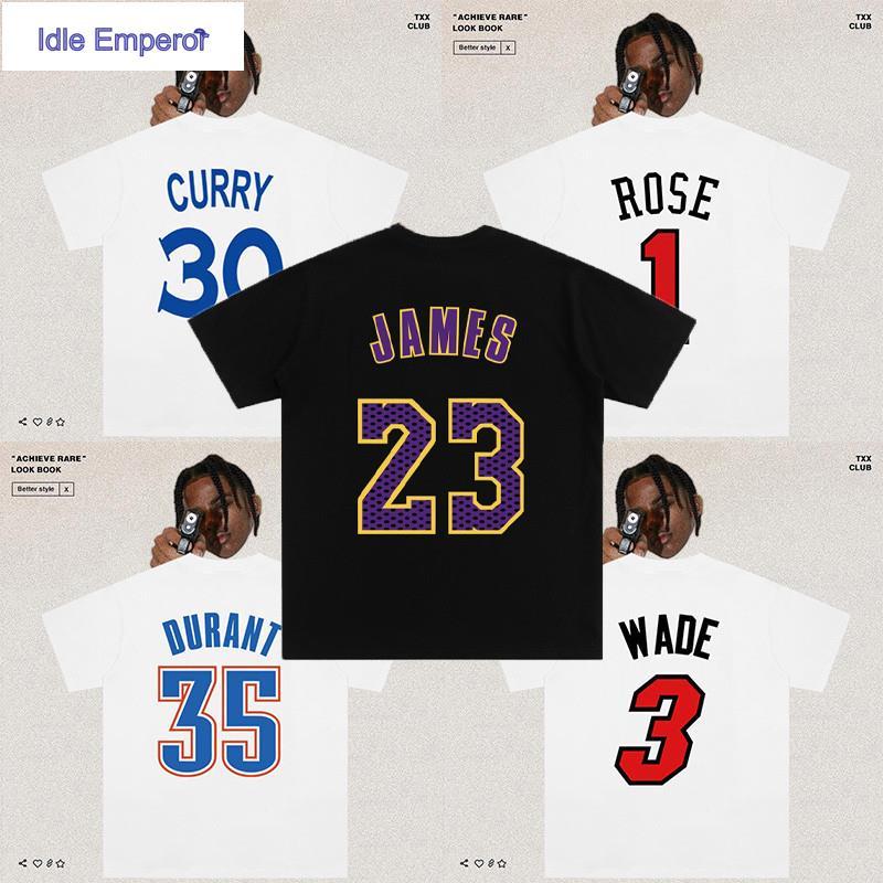 Nba Quality 220g เสื้อยืดผ้าฝ้ายสําหรับผู้ชายและผู้หญิงเสื้อบาสเก็ตบอลหลวม James Curry KD Wade Rose