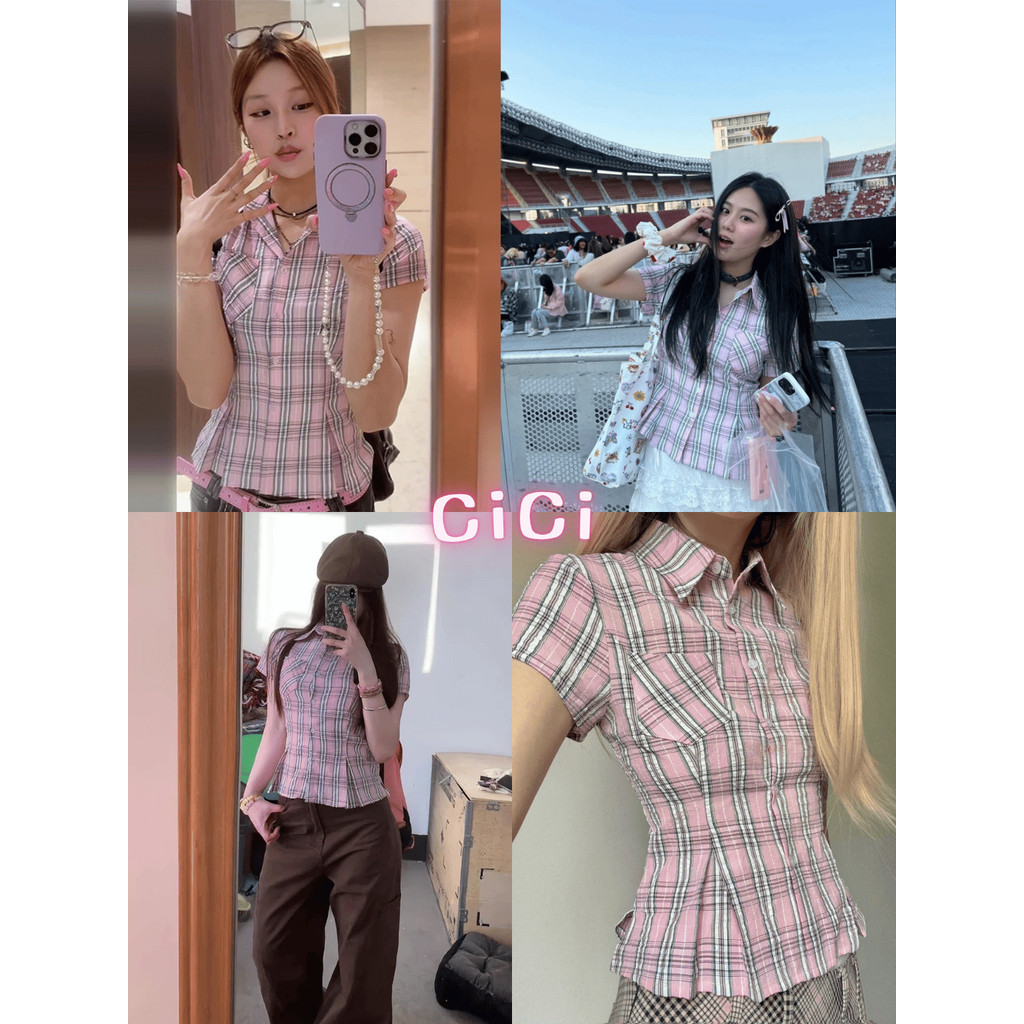ส่งทันที Cici(NO. 3403) เสื้อแขนสั้นลายตารางสุดฮิต กระดุมสามารถแกะใช้งานได้จริง สีสันน่ารักคิ้วท์ๆ สีสวยจึ้งๆ