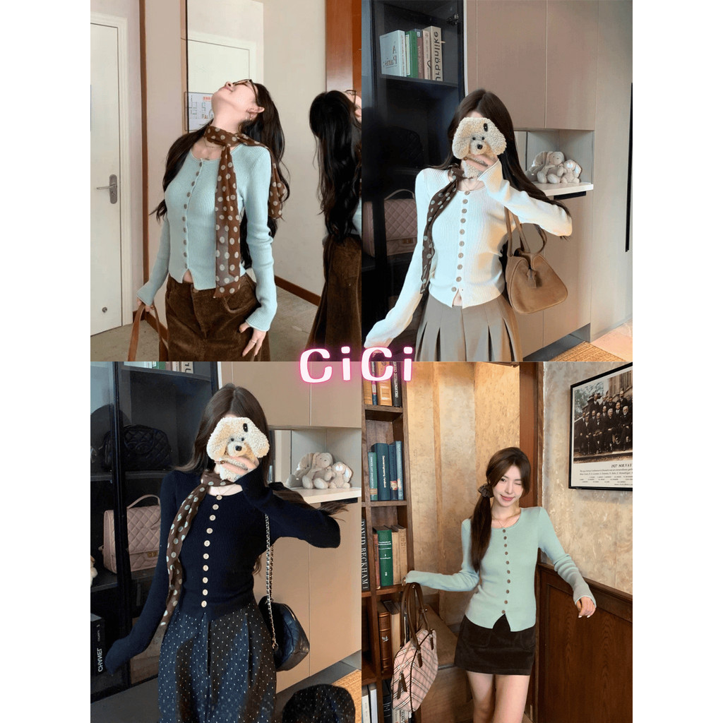 ส่งทันที Cici(NO. XS828) เสื้อไหมพรมผ้าร่องแขนยาวแต่งกระดุมไม้ สลิมฟิต แถมผ้าพันคอลายจุด สไตล์ฤดูหนาว