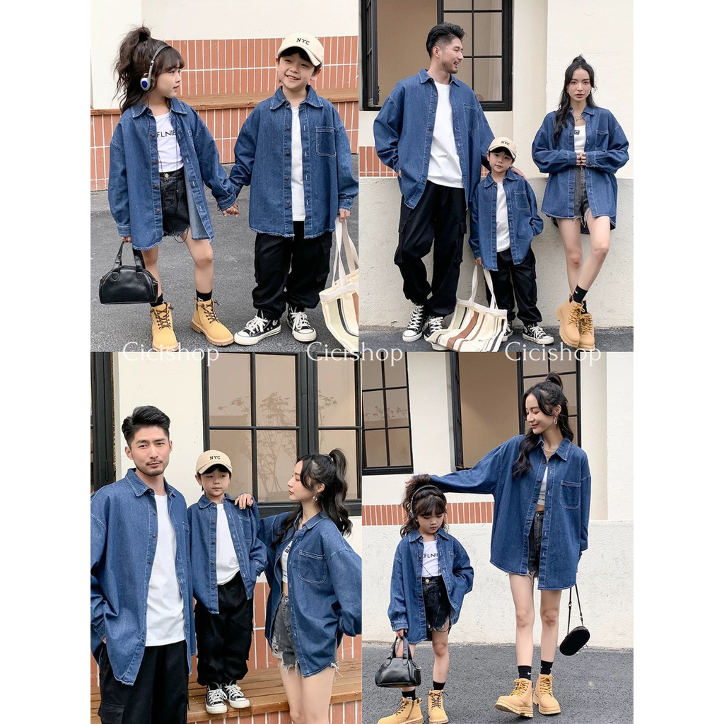Cicishop(3397/3379) เสื้อยีนส์ทรงโอเวอร์ไซส์เด็กและผู้ใหญ่ ใส่คู่กับพ่อแม่ได้ สไตล์เกาหลีเท่ๆ ดีไซน์คลาสสิก