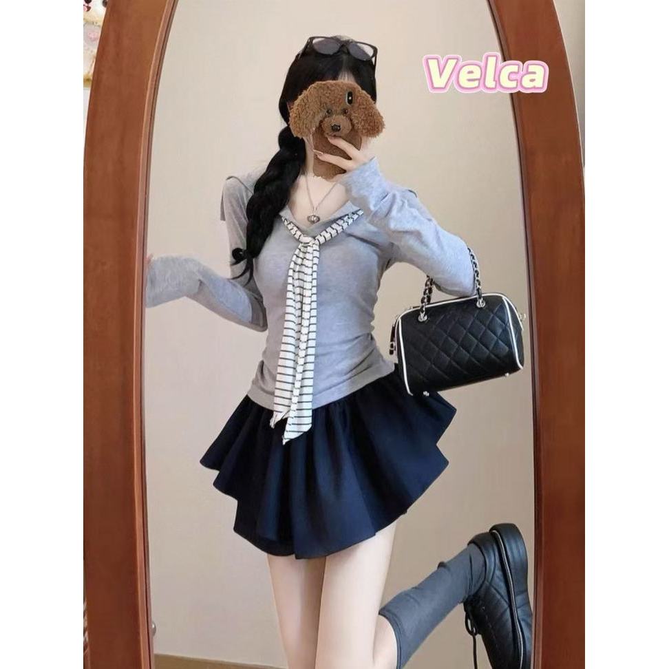 ส่งจากไทยทุกวัน เสื้อเชิ้ตแขนยาว เสื้อคอปก  ผูกโบว์ลายทาง ทรงเข้ารูปช่วงเอว ผ้าเนื้อนุ่ม🍒Velca