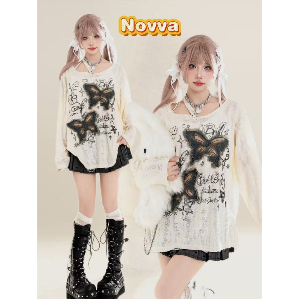 Novva ส่งไวจาก เสื้อยืดแขนยาว  เสื้อลายผีเสื้อ เสื้อยืดผู้หญิง แขนยาวเปิดไหล่ ใส่สบาย ชิคและเก๋
