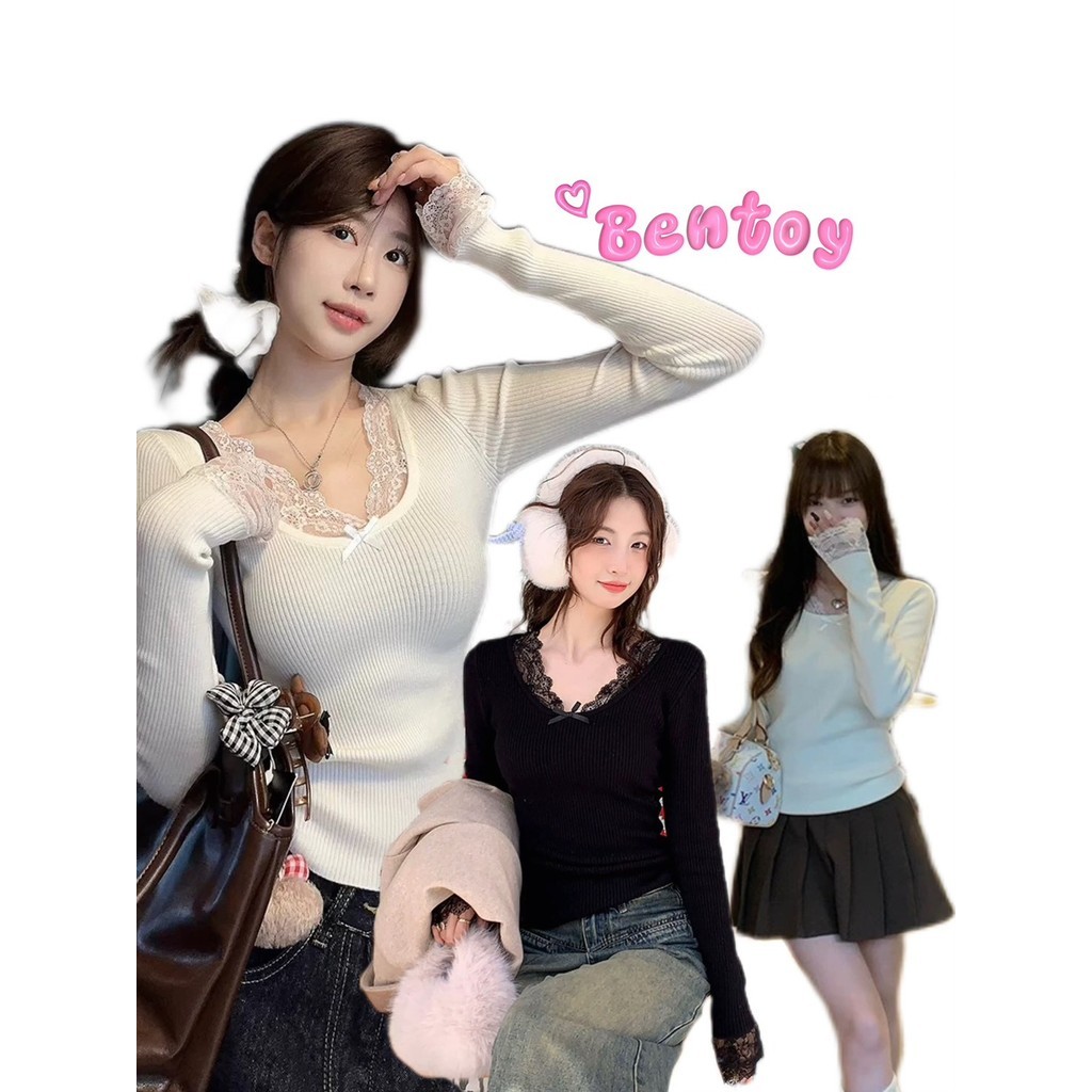 Bentoy(66047)เสื้อแขนยาว เสื้อลูกไม้ หน้าวี เซ็กซี่  รัดรูป ทรงสวยมาก