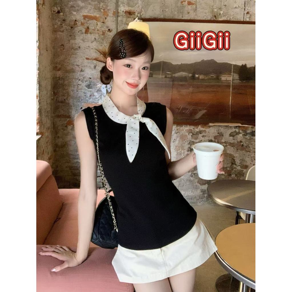 ส่งไวจากไทย ผูกโบว์ ทรงสลิมฟิต ความรู้สึกเฉพาะตัว เซ็กซี่เสื้อยืด เสื้อเเขนกุด ใส่เย็นสบาย🍒GiiGii