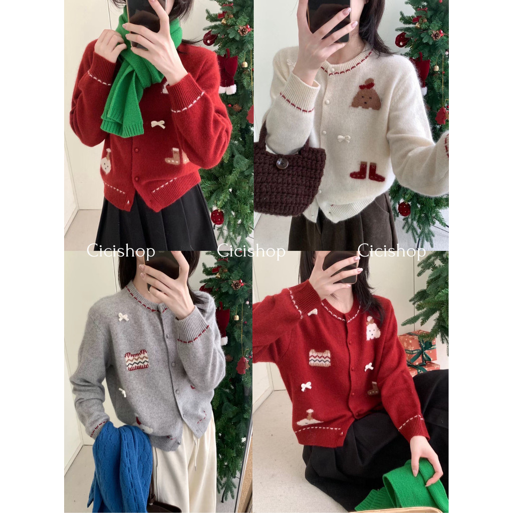 Cicishop(M6127) เสื้อสเวตเตอร์คอกลมผ้าขนถักลายน้องหมา ดีเทลเย็บโบว์เล็กๆติด กันหนาวได้คริสต์มาส