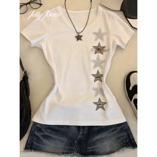 🌟ส่งจากไทย🌟เสื้อยืดแขนสั้นผู้หญิงสไตล์เรโทร Y2K ทรงเข้ารูป ต…