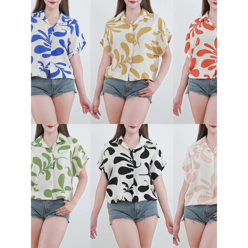 เสื้อเชิ้ตแขนสั้นผ้าฝ้ายลินินพิมลายกราฟฟิก ทรงหลวมใส่สบาย