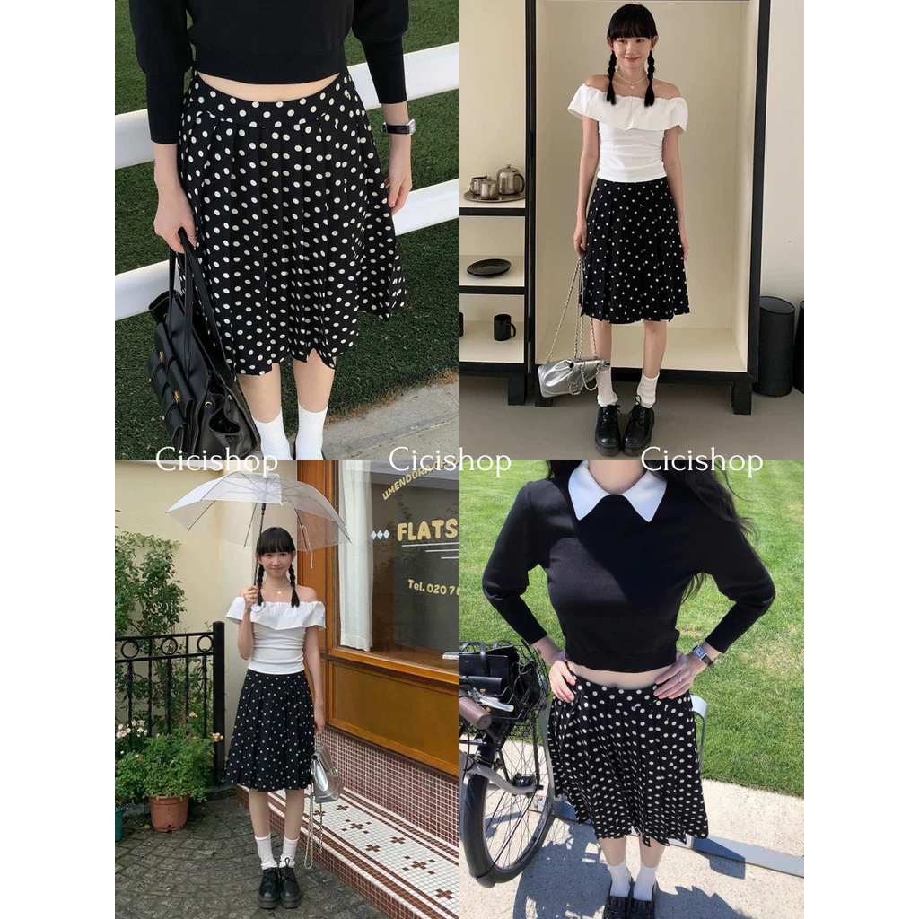 Cicishop(2545) กระโปรงพลีทลายจุด Polka Dots มีซับในเป็นกระโปรงซิปข้างกระดุมข้าง ใส่แล้วพรางหุ่นดูเรียบร้อย สไตล์ฝรั่งเศส