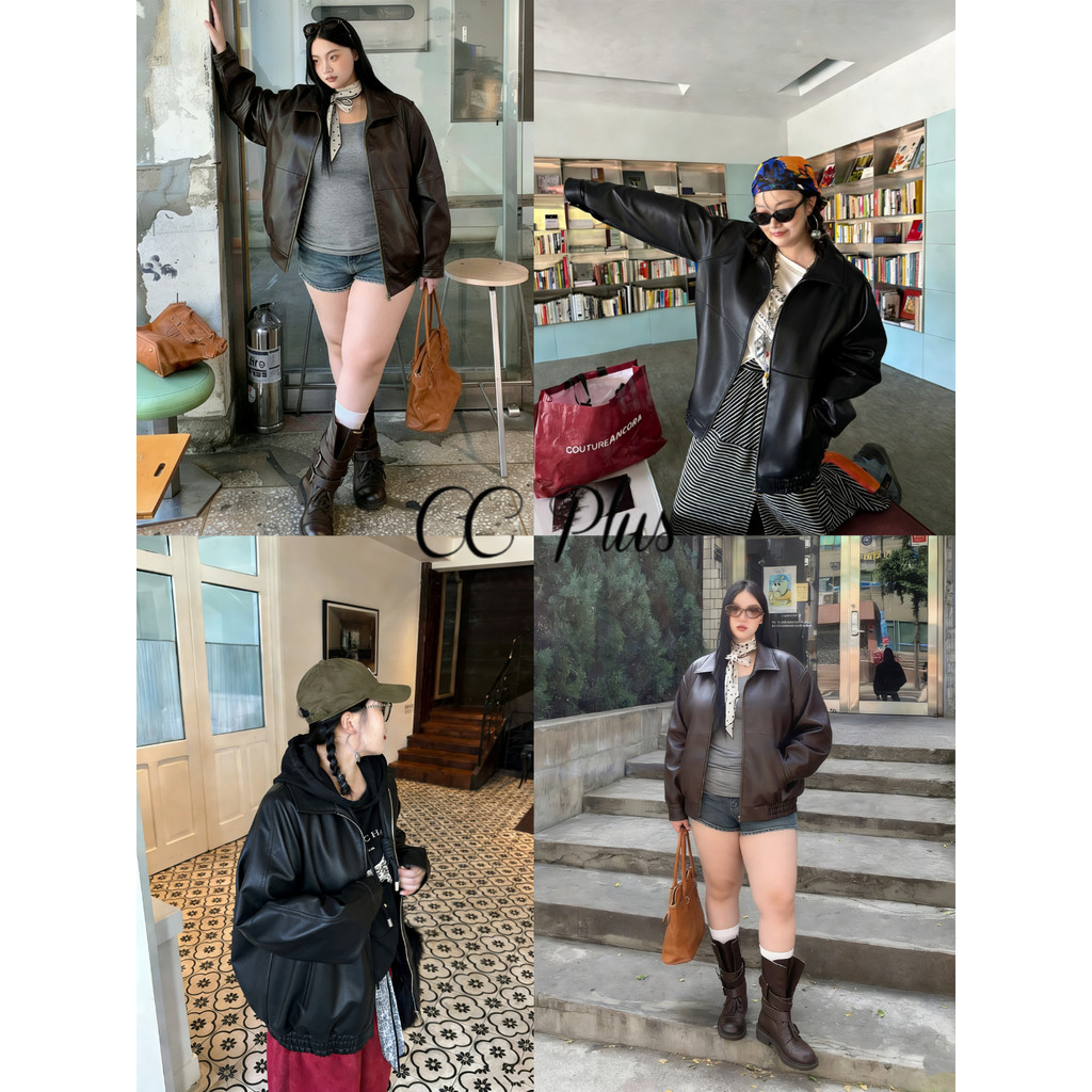 CiCi Plus+(3409) เสื้อหนังทรง Oversized คอปกแขนยาวมีซ้บใน ซิปหน้ามีกระเป๋าจั้มเอว สไตล์สาวพลัสไซส์