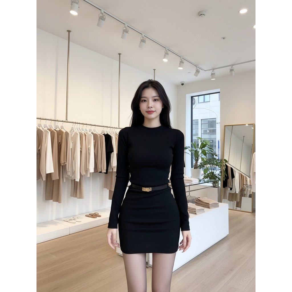 ชุดเดรสเข้ารูป ทรงคอกลมกึ่งคอเต่า