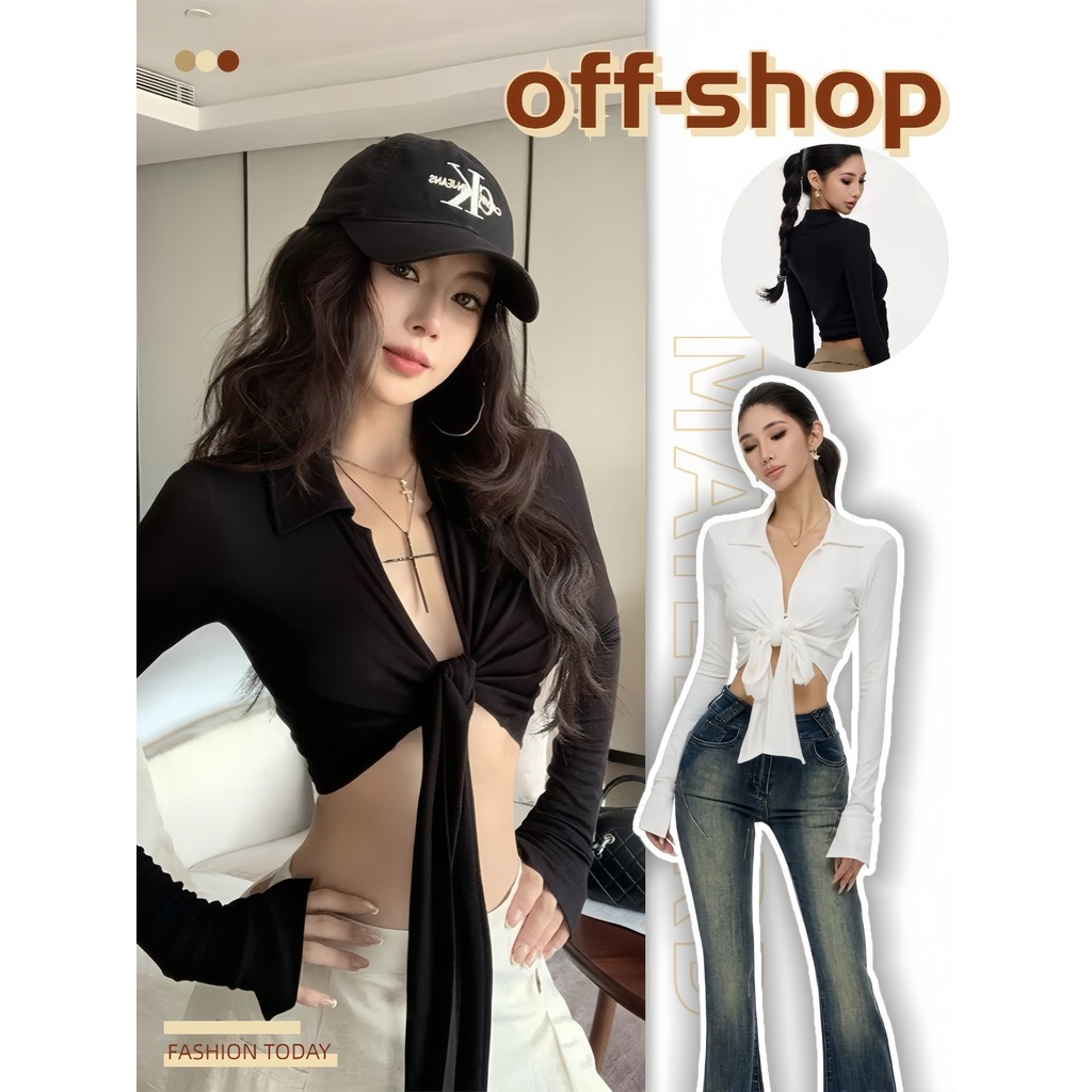 OFF SHOP ใหม่ 2026 เสื้อครอปสั้น แขนยาว คอต่ำ ดีเทลผูกเอวด้านหน้า สีพื้น หวานและเซ็กซี่ ชุดออกเดท ท็อปคร็อป” FY2989