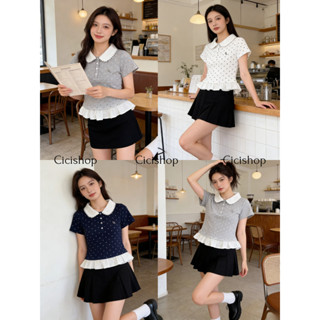 Cicishop(J2372) เสื้อแขนสั้นคอบัวลาย Polka Dots เย็บโลโก้ติด…