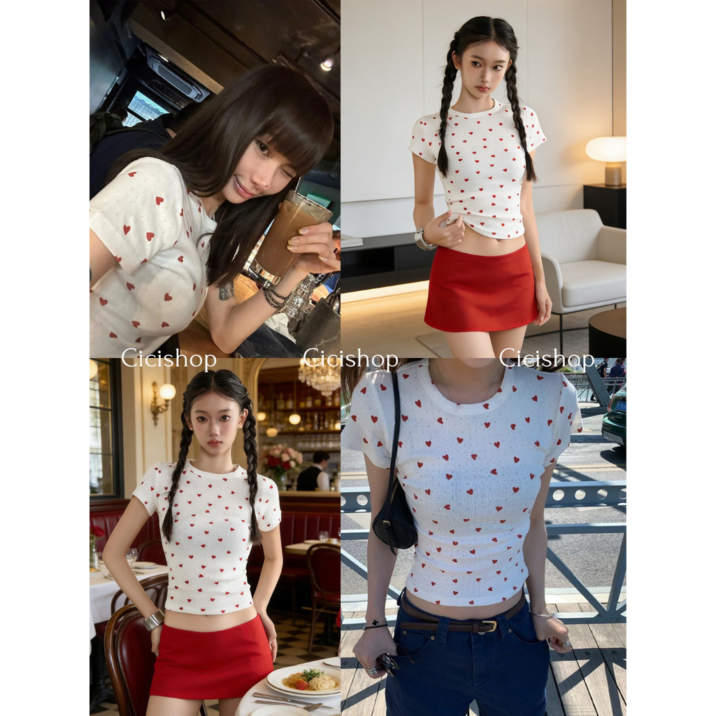 Cicishop(J2377) เสื้อแขนสั้นพิมพ์ลายหัวใจวาเลนไทน์ ทรงสลิมฟิต เนื้อผ้าดี สไตล์สาวเมกา