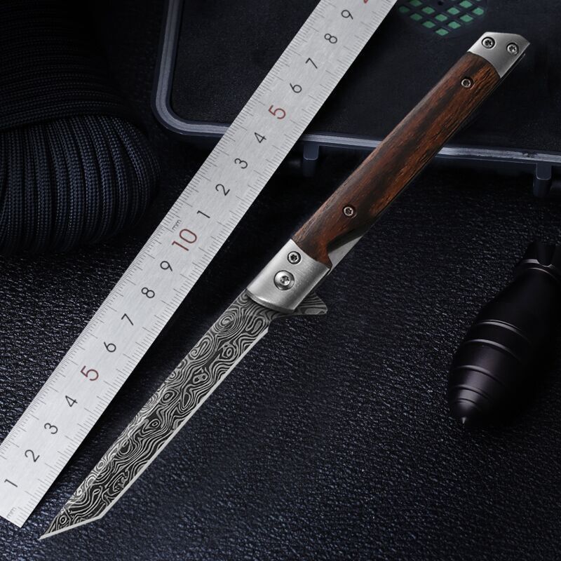 Hot Selling Damascus Pattern Folding Knife Stainless Steel Fruit Knife Wooden Handle Mini Portable B
