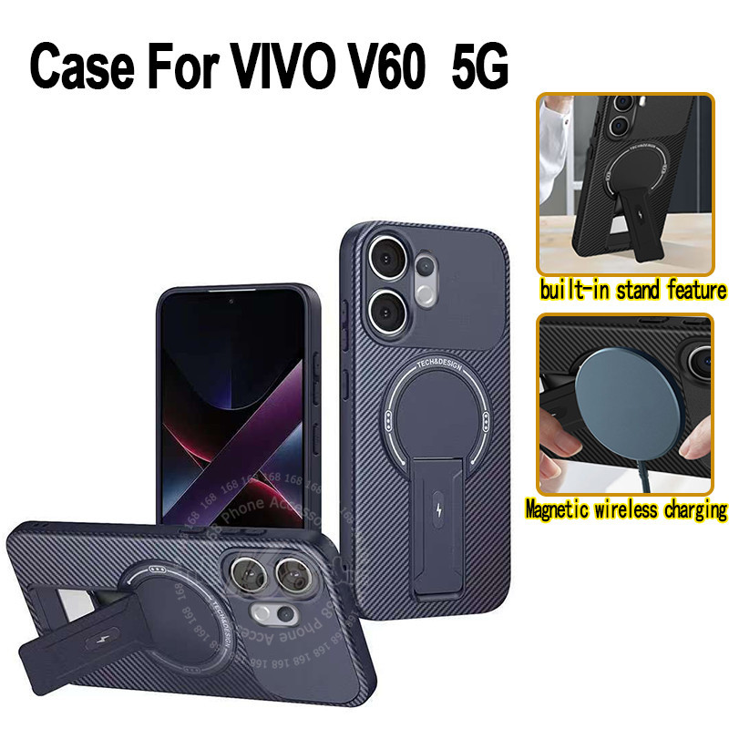 เคส Vivo V60 เคส Vivo V60 Lite กันกระแทกแบบแม่เหล็ก เคสคาร์บอนไฟเบอร์ด้านพร้อมแหวนแม่เหล็กและขาตั้งโ