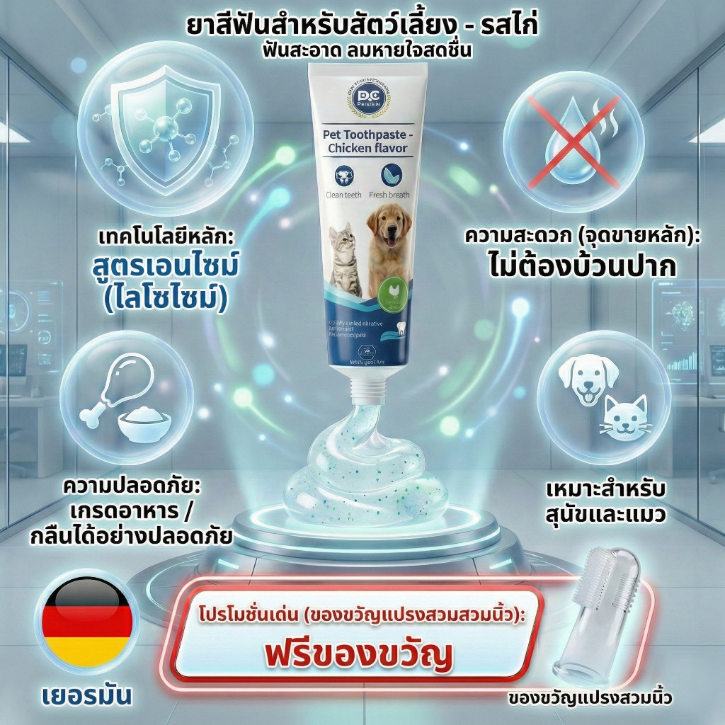 ยาสีฟันเจล สำหรับสุนัขและแมว ลดคราบพลัค หินปูน ดับกลิ่นปาก ปลอดภัย กลืนได้ ไม่ต้องบ้วนปาก (Chicken & Milk Flavor)