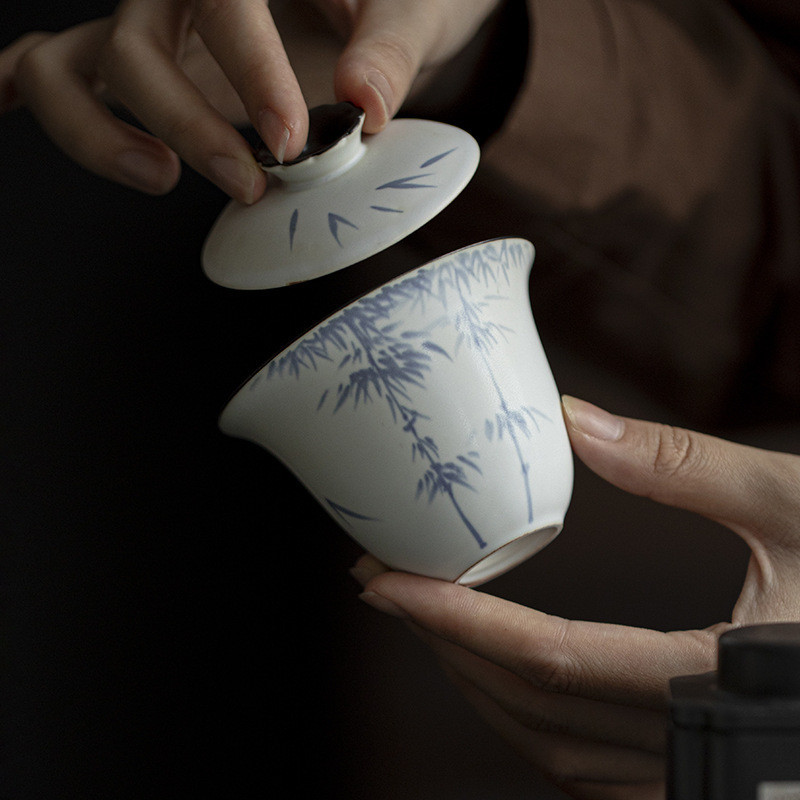 โซดาเคลือบสีเทามือวาดกล้วยไม้สีไม้ไผ่ปกชาม เคลือบด้านล่าง โบราณครัวเรือนชามชากังฟูชาชุดปกชาม [ที2-51