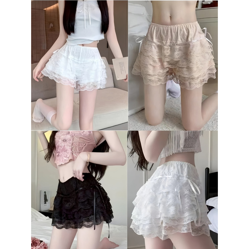 OFF SHOP 🥻ใหม่ 2025 กางเกงขาสั้น เงสม๊อคยืด สีพื้น ดีเทลลูกไม้ แต่งชั้นๆ ' KK1158