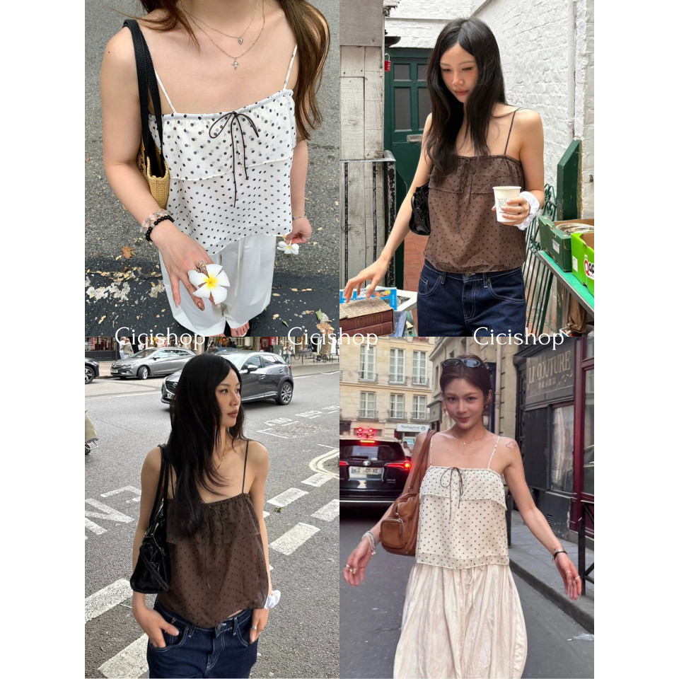Cicishop(H88156) เสื้อสายเดี่ยวลายจุด Pokka Dots ผ้าชีฟอง สายปรับได้ มีซับใน สไตล์ฤดูร้อน