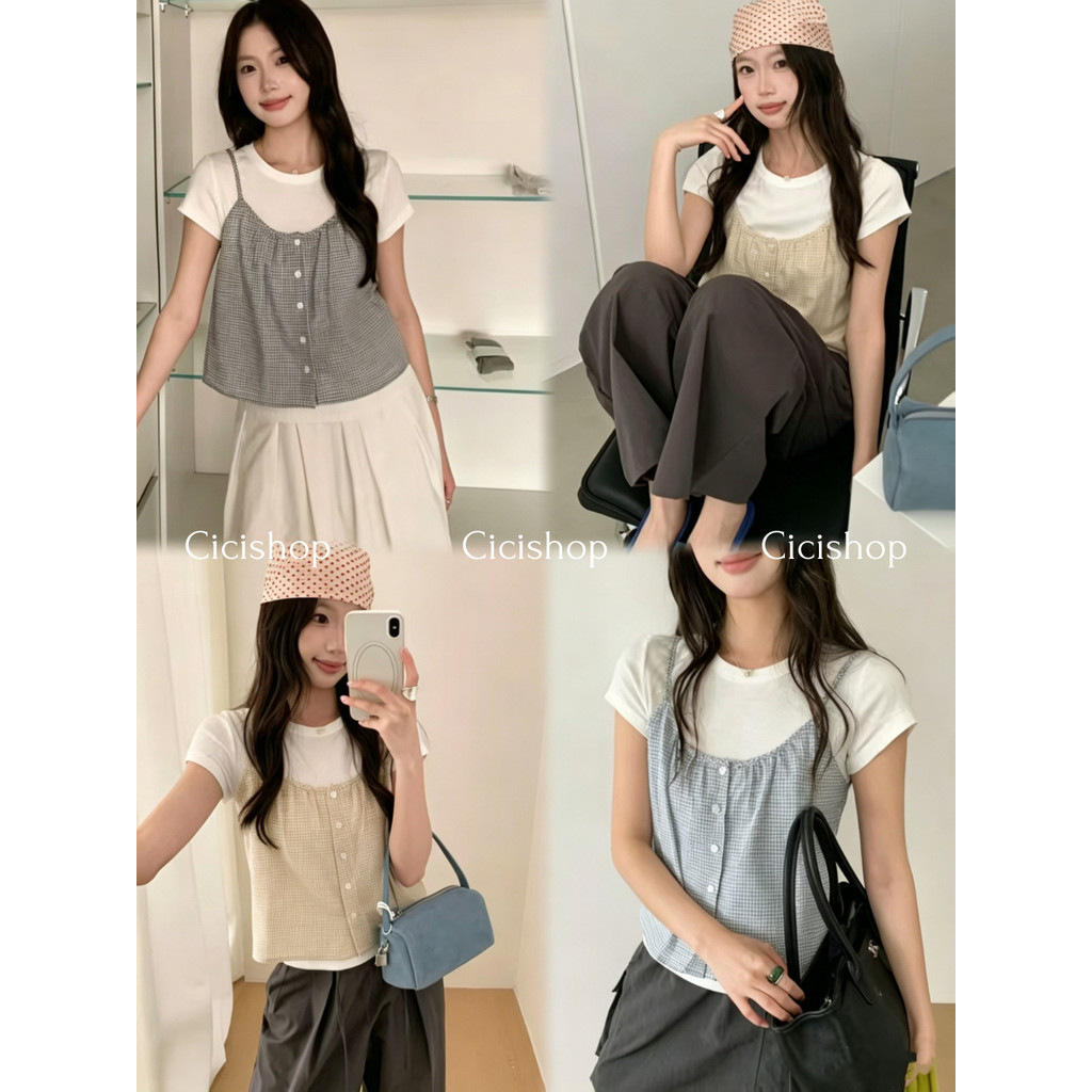 Cicishop(Y6537) Set 2 ชิ้น เสื้อแขนสั้น+สายเดี่ยวลายตารางกระดุมใช้งานได้จริง งานน่ารักๆสไตล์เกาหลี